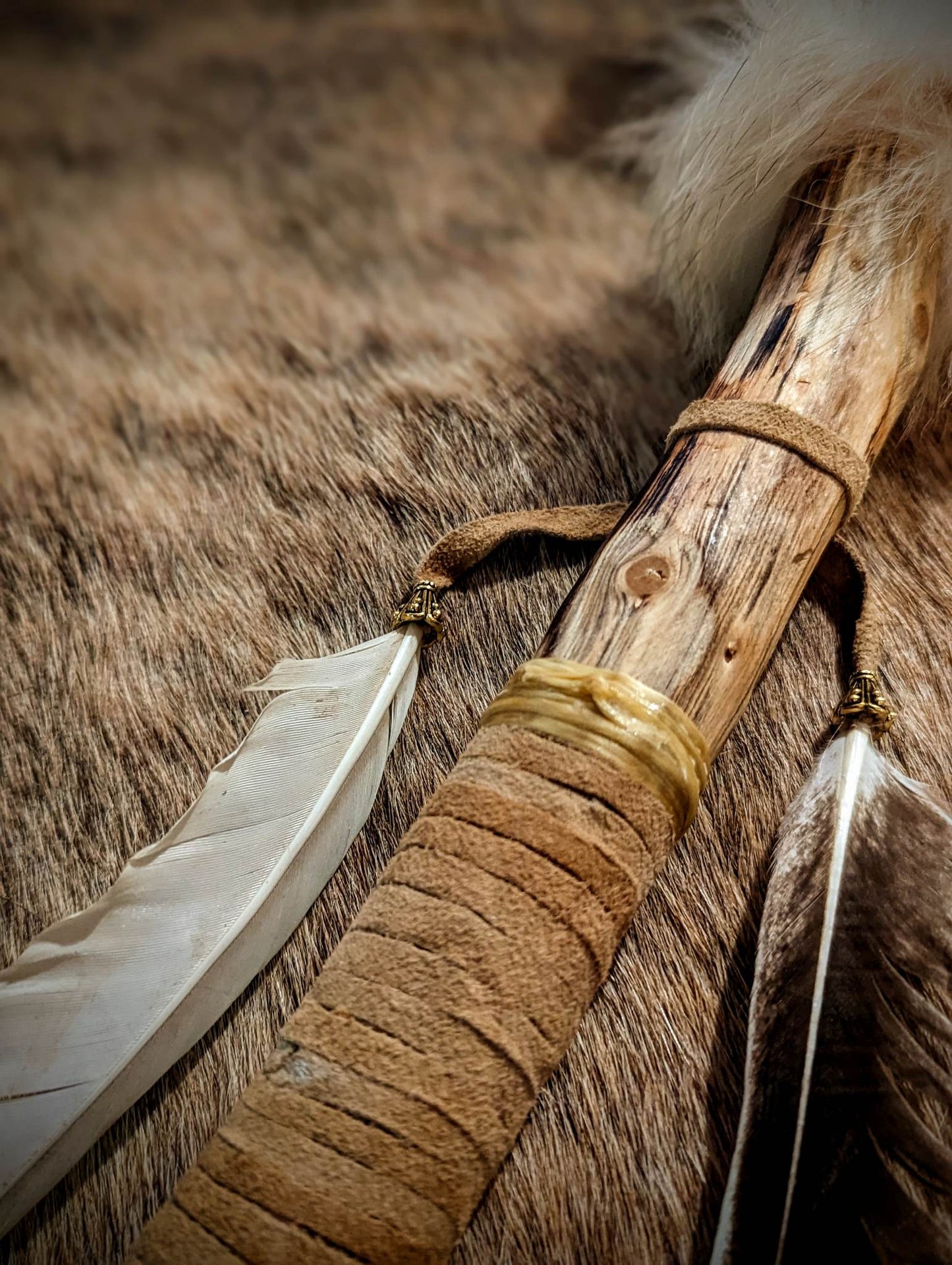 Deer Hide and Antler Rattle With Duck Feathers and Coyote Fur