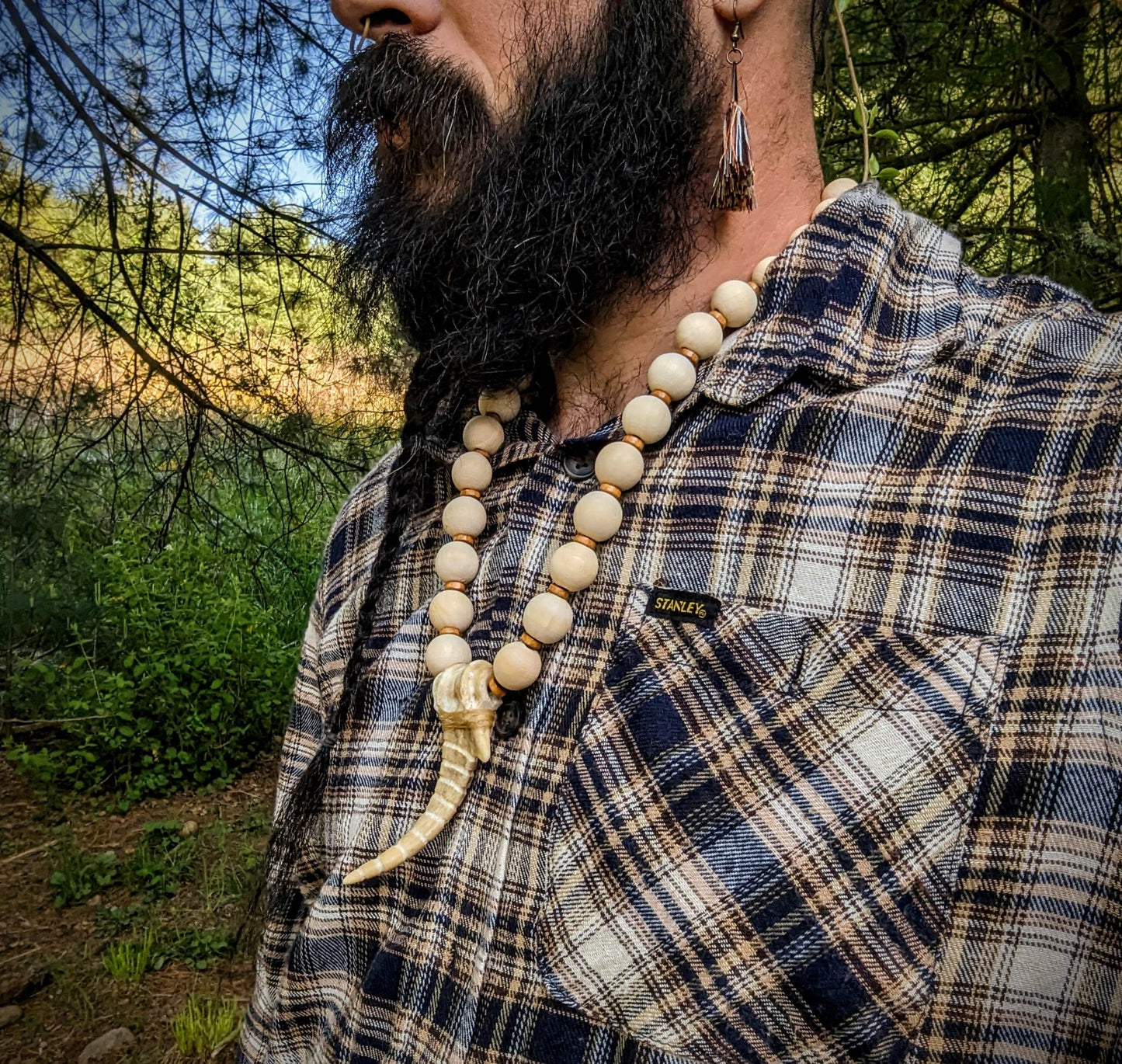 Deer Bone and Antler Rasp Pendant With Wood Beads