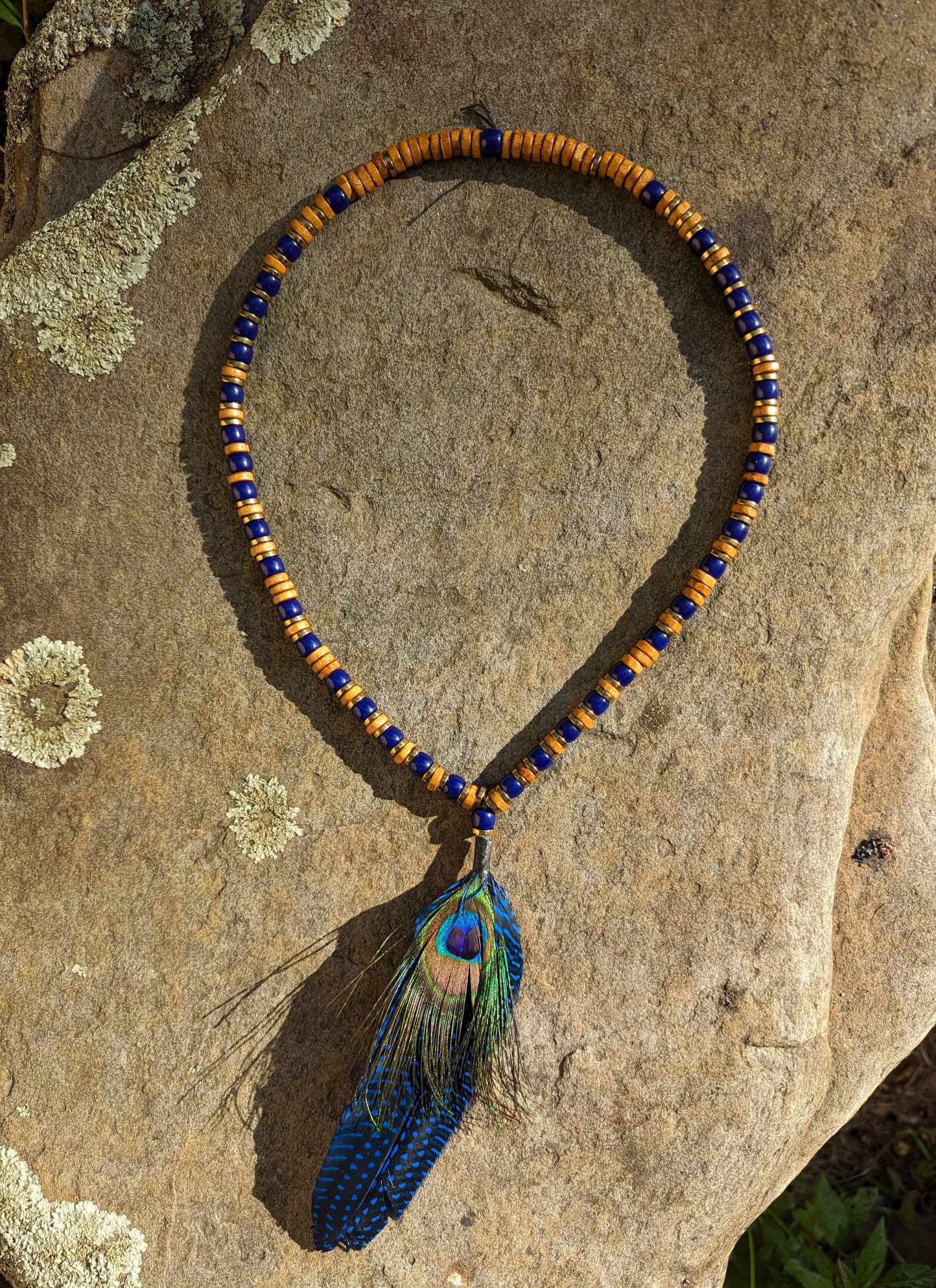 Wood Cobalt Blue Glass and Metal Beaded Peacock Feather Necklace