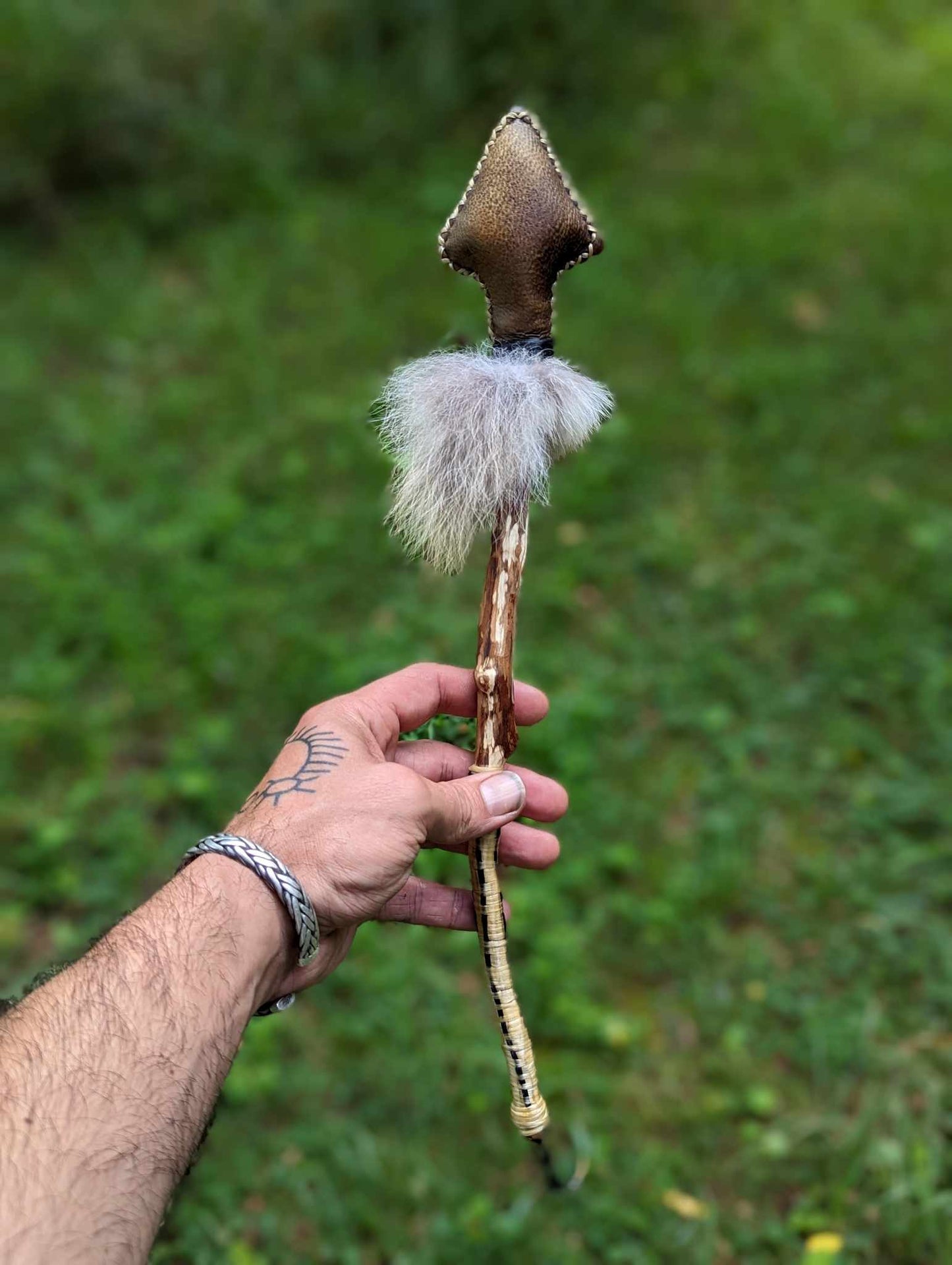 Bear Skin Shaman Rattle with Coyote Fur, Apple Branch, Woven Sinew