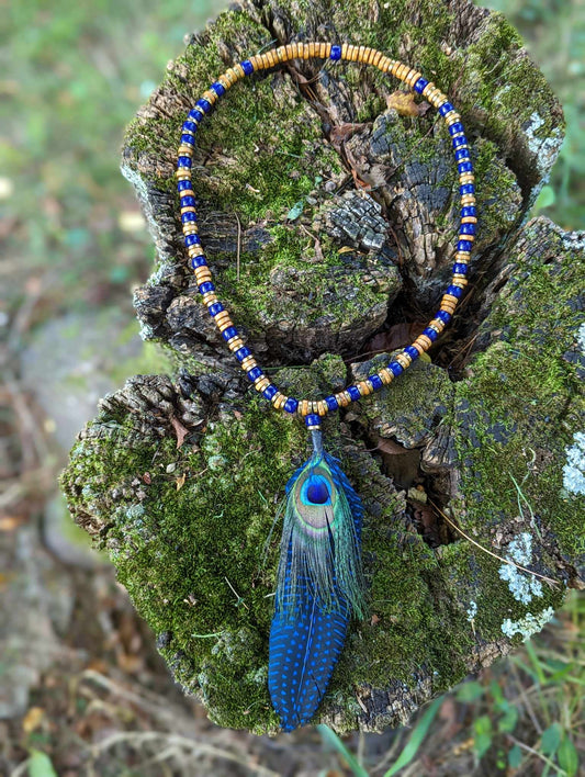 Wood Cobalt Blue Glass and Metal Beaded Peacock Feather Necklace