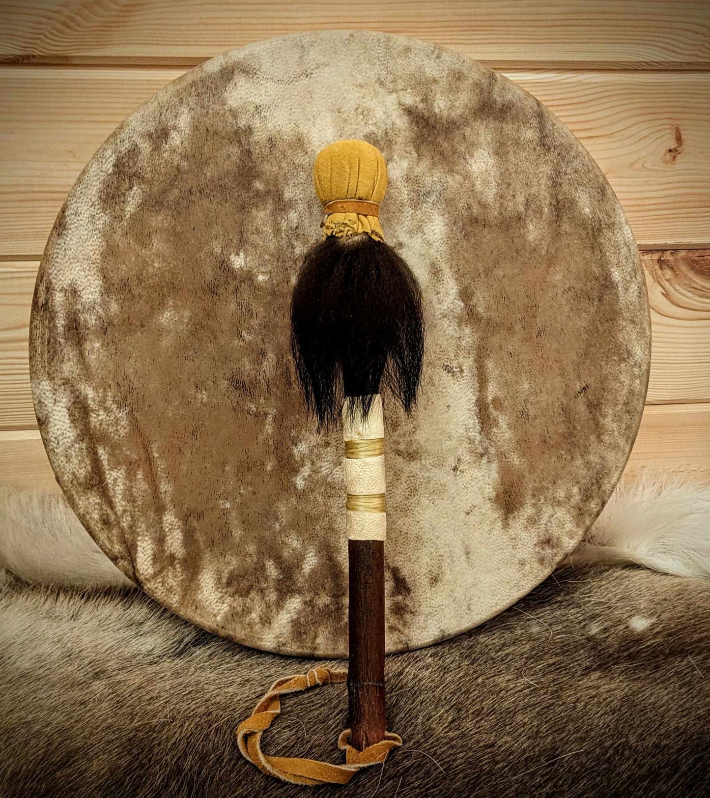 RESERVED - Natural Deep Tone Bear Skin Drum Rare 16" + Alderwood Bear Fur & Leather Beater | Handmade Shaman Drum