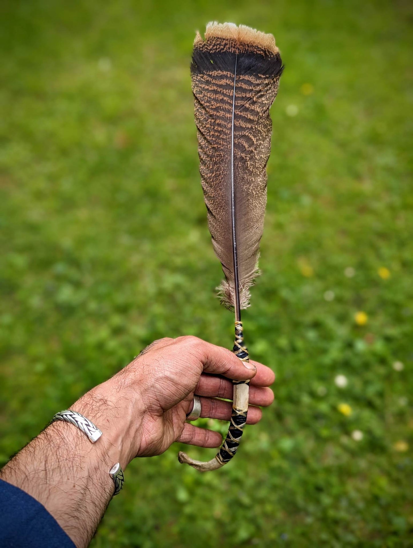 XL Barred Turkey Feather Deer Rib Smudging Smoke Fan