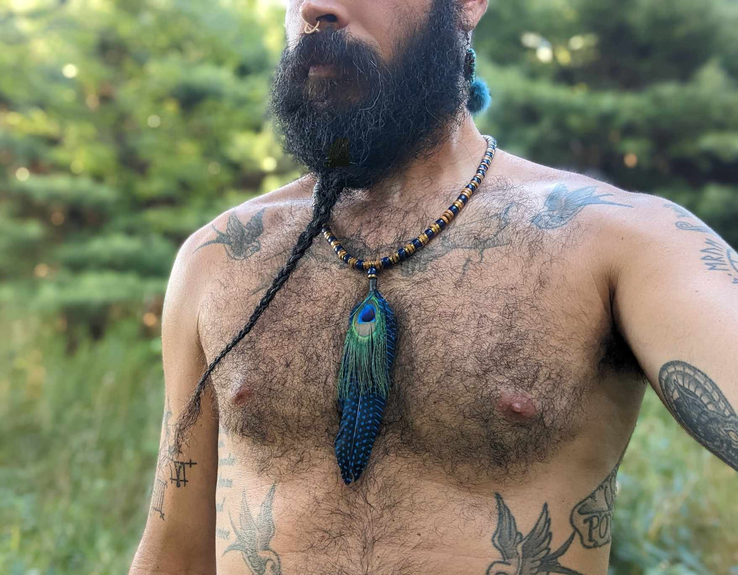 Wood Cobalt Blue Glass and Metal Beaded Peacock Feather Necklace