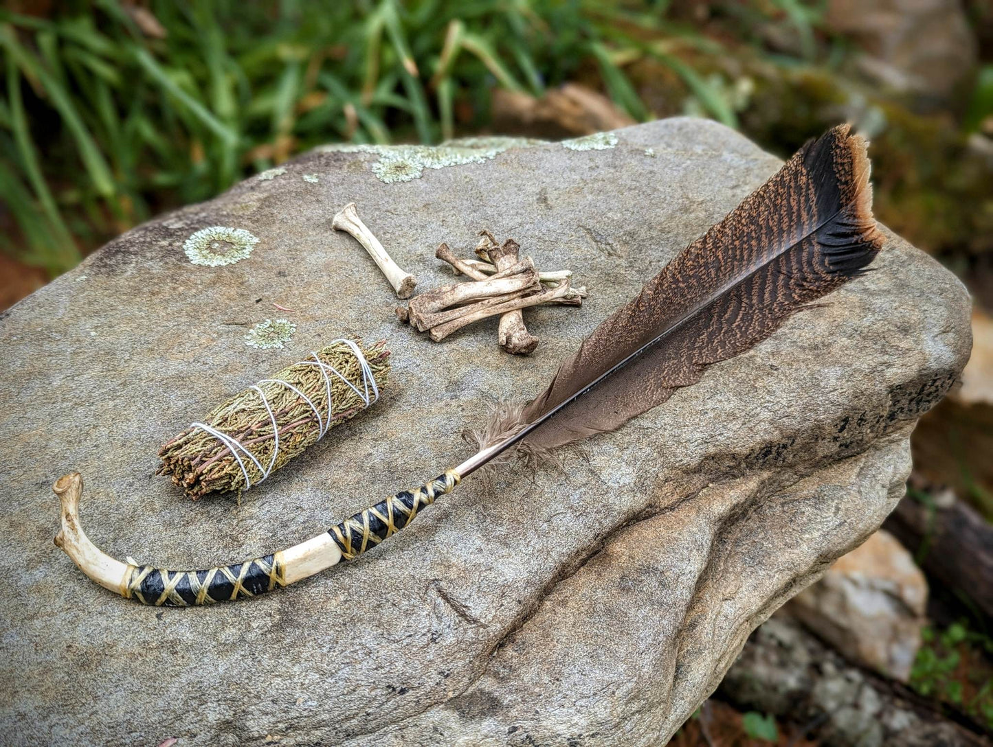 XL Barred Turkey Feather Deer Rib Smudging Smoke Fan