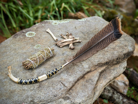 XL Barred Turkey Feather Deer Rib Smudging Smoke Fan