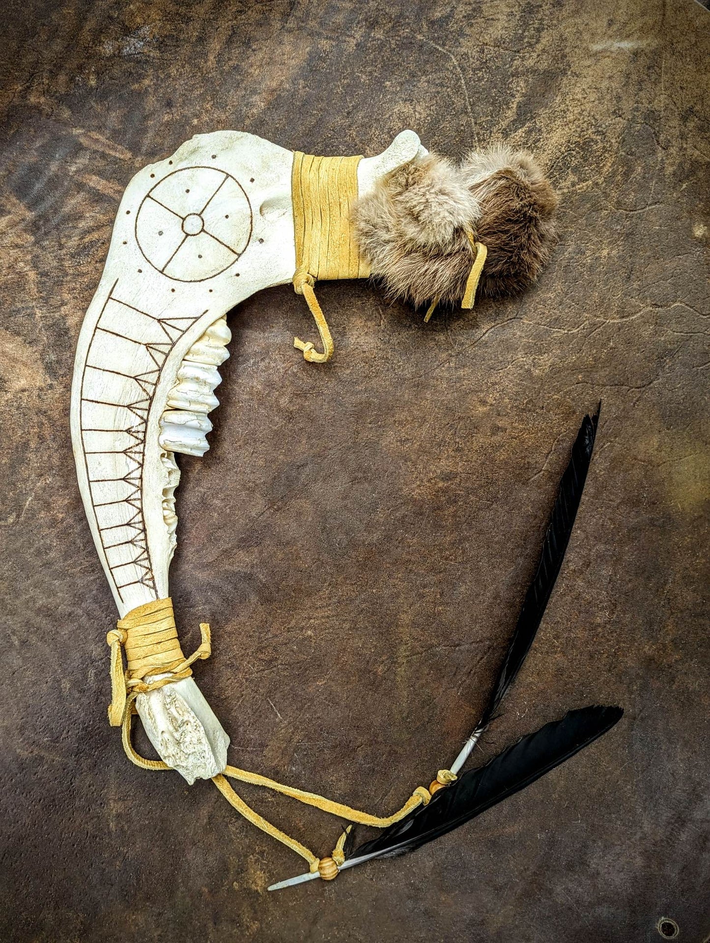 Elk Jaw Drum Beater | Rabbit Fur Head | Burned Algiz & Sunwheel