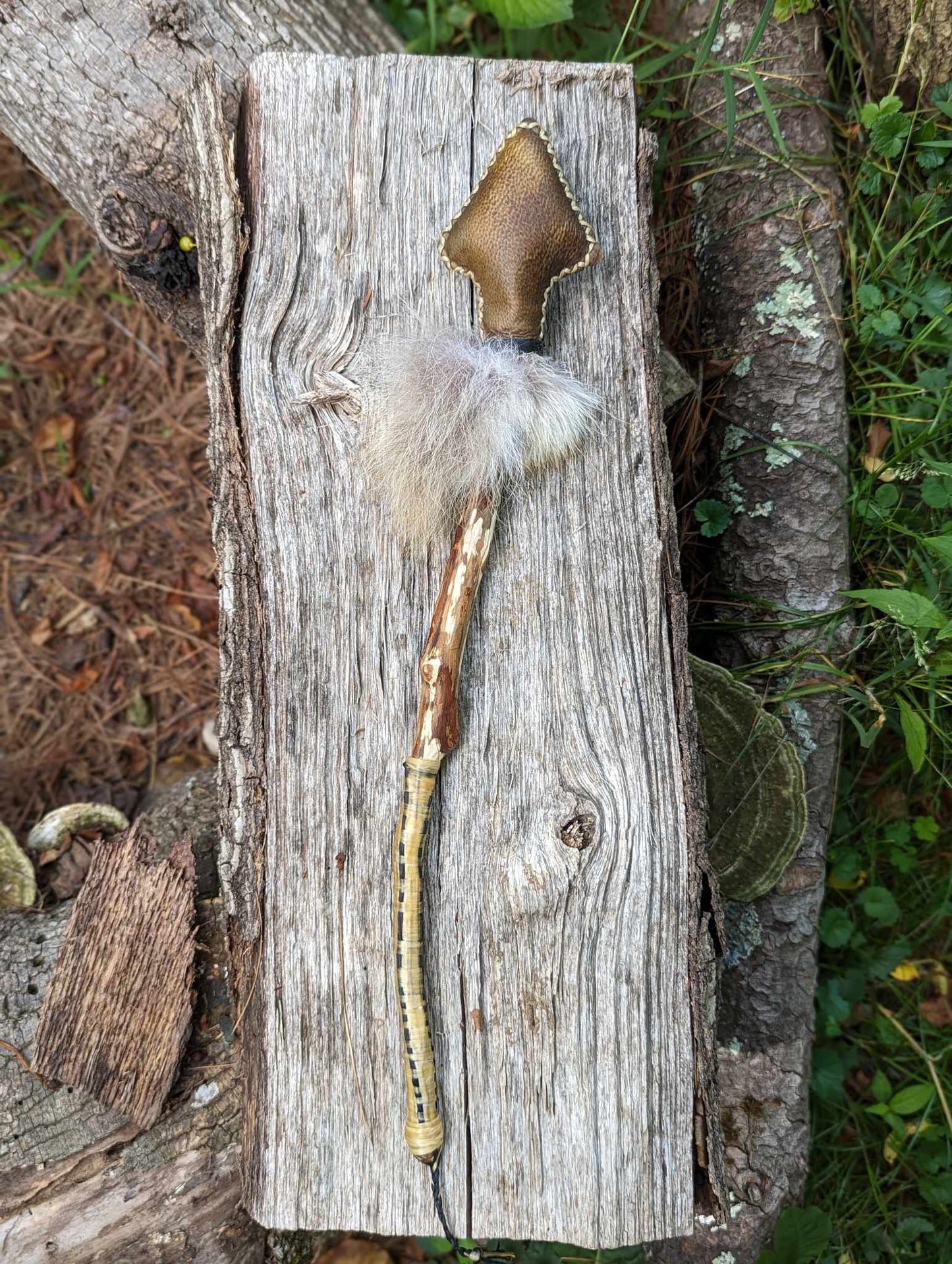 Bear Skin Shaman Rattle with Coyote Fur, Apple Branch, Woven Sinew