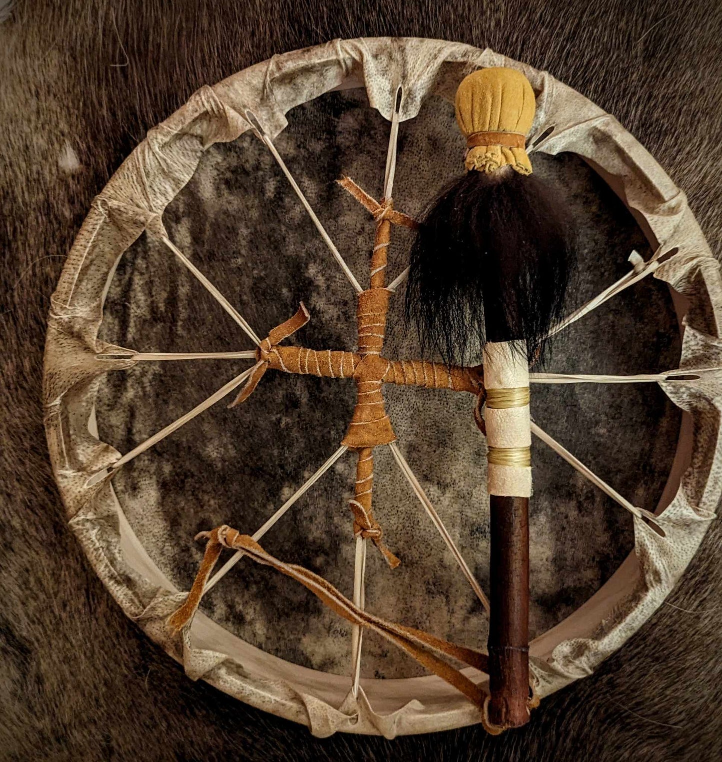 RESERVED - Natural Deep Tone Bear Skin Drum Rare 16" + Alderwood Bear Fur & Leather Beater | Handmade Shaman Drum