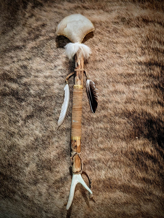 Deer Hide and Antler Rattle With Duck Feathers and Coyote Fur