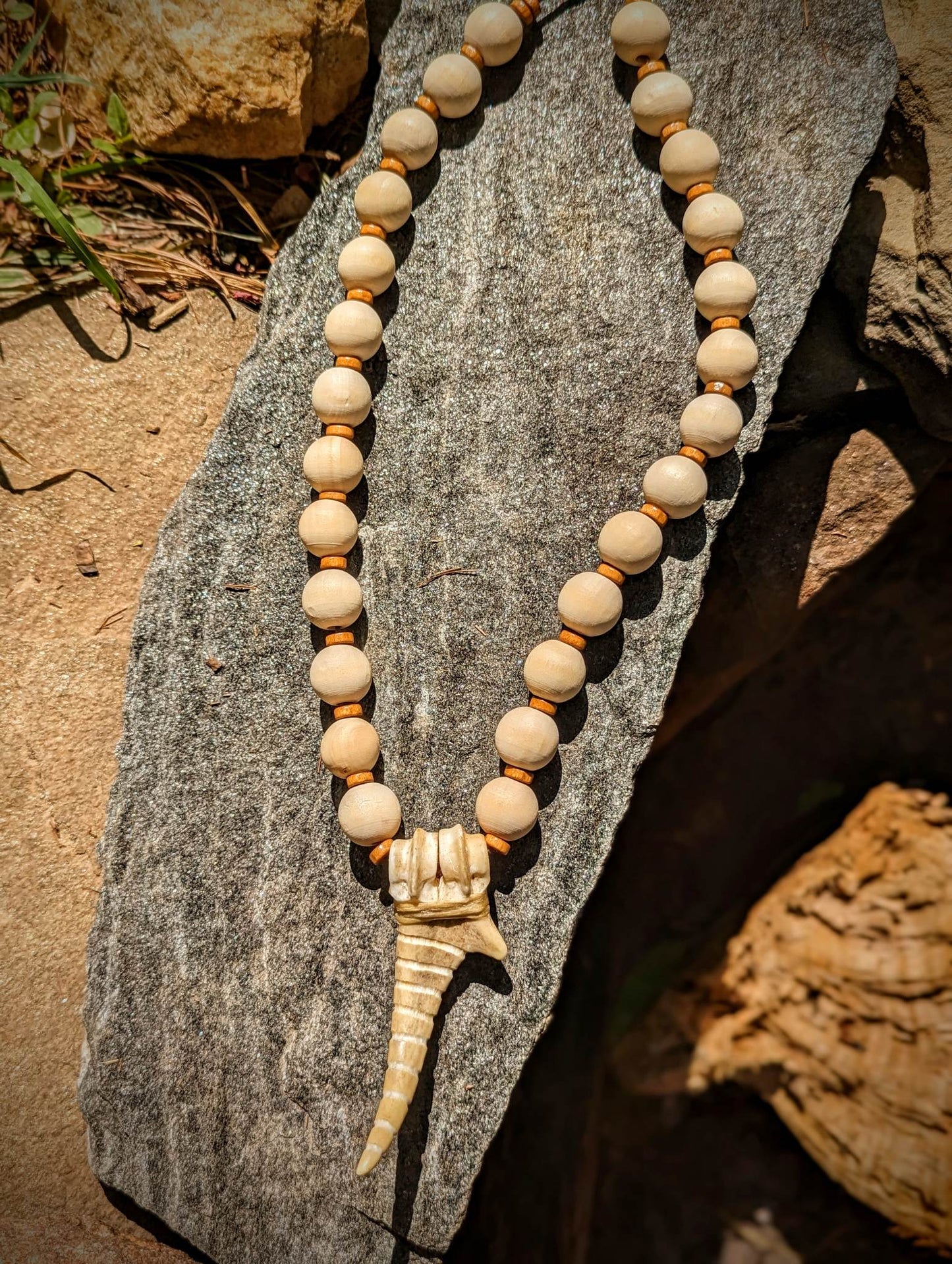 Deer Bone and Antler Rasp Pendant With Wood Beads