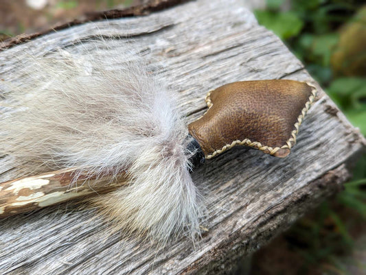 Bear Skin Shaman Rattle with Coyote Fur, Apple Branch, Woven Sinew