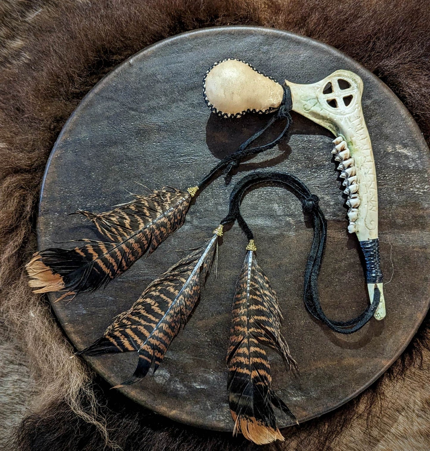 Hand Engraved Deer Jaw and Hide Shaman Rattle With Turkey Feathers | Sunwheel Stave Art