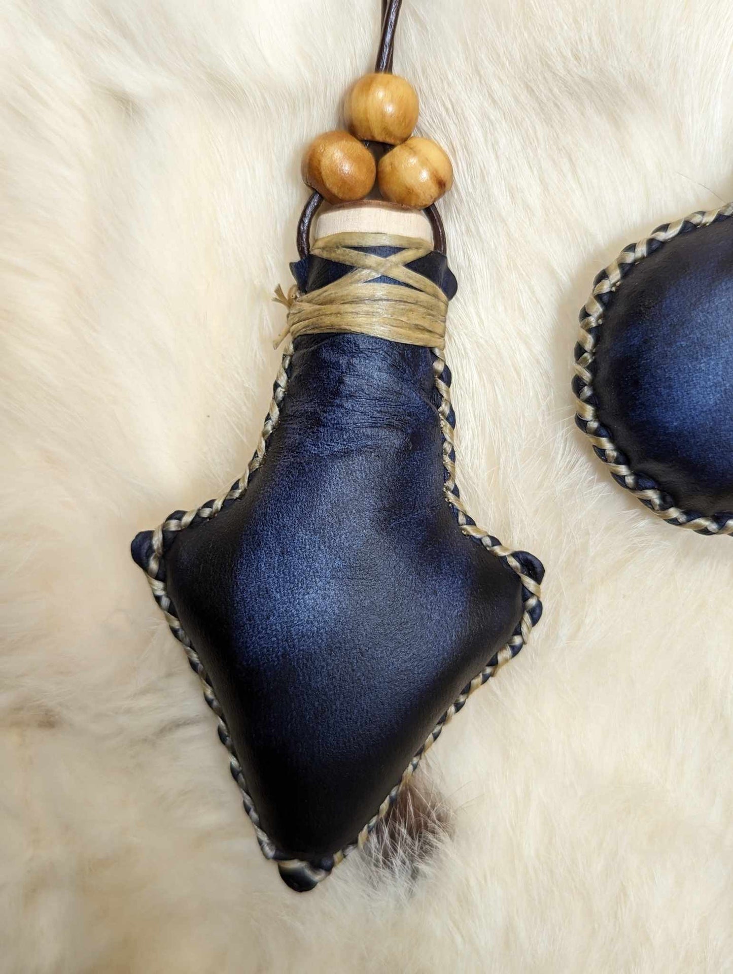 Round or Arrow Wearable Reindeer Hide Deep Blue Black Rattle Necklace | Shaman Rattle | Mini Rattle | Norse Animism