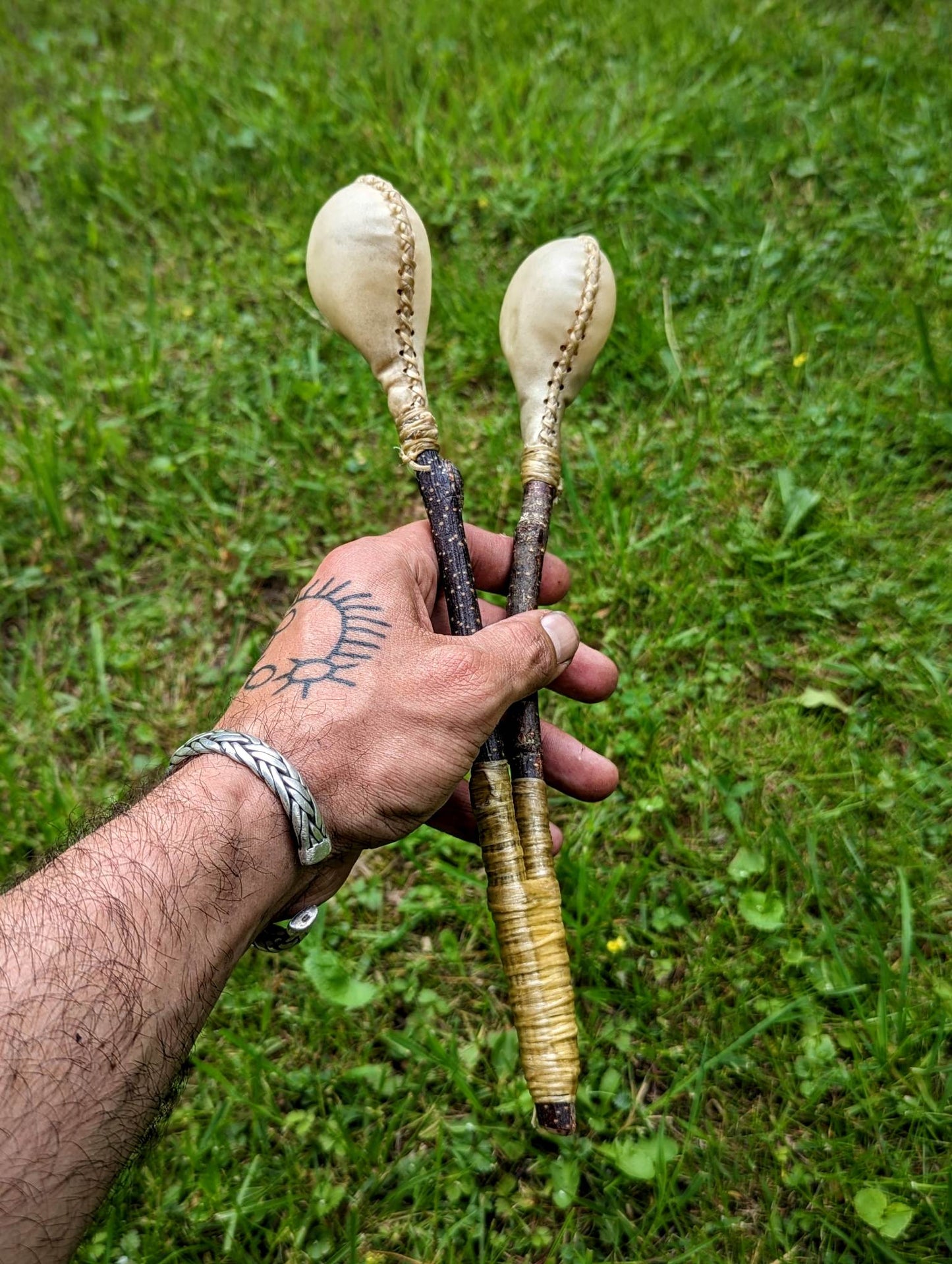 Double Headed Deer Hide Birch Branch Rattle