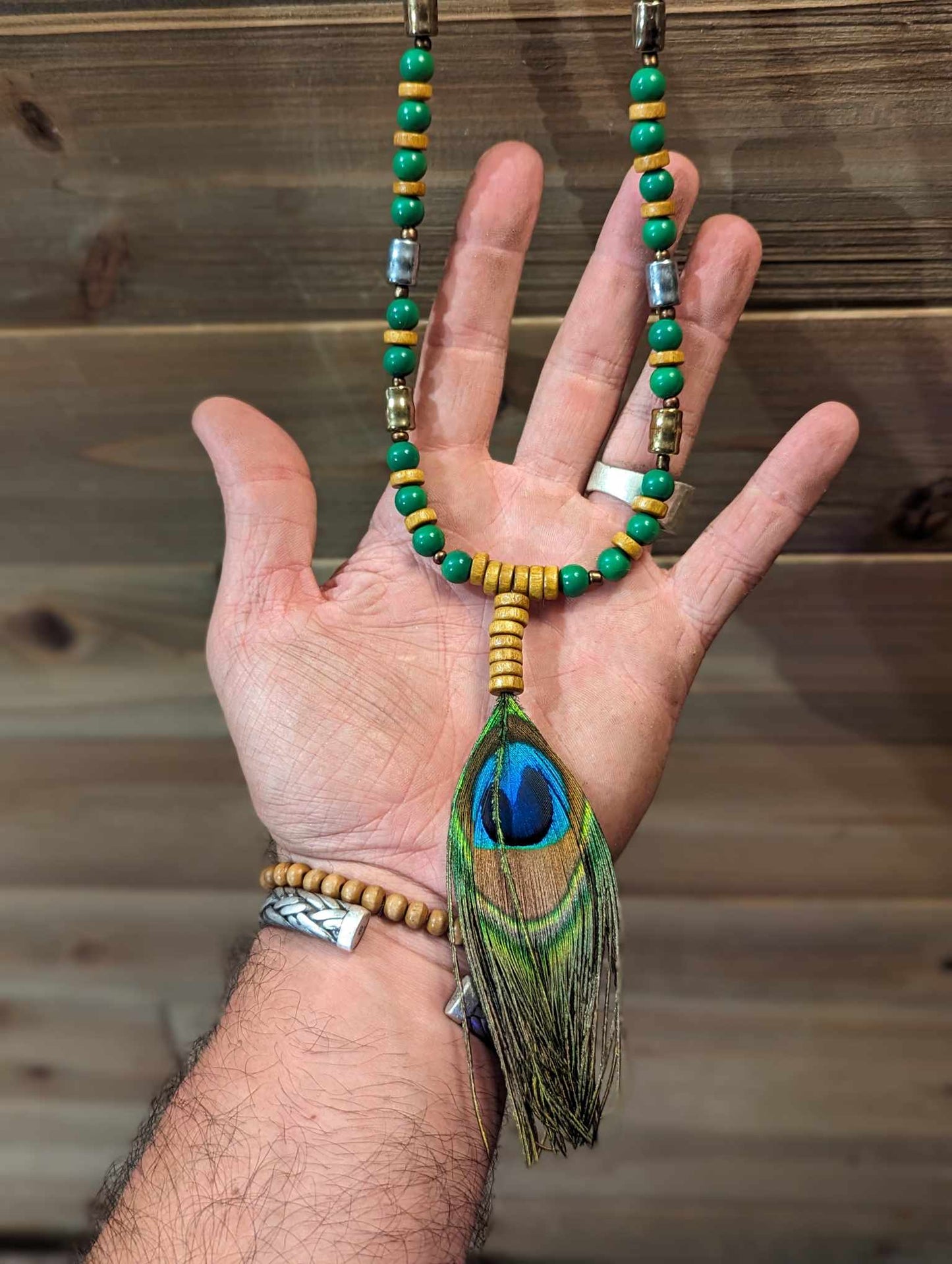 Wood, Green Glass and Metal Beaded Peacock Feather Necklace