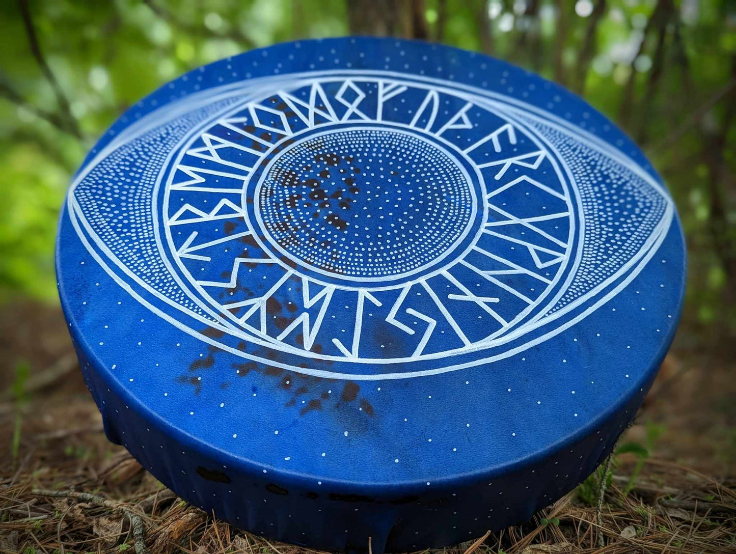 15" Ancient Wisdom Blue Deer Hide Rune Eye Drum