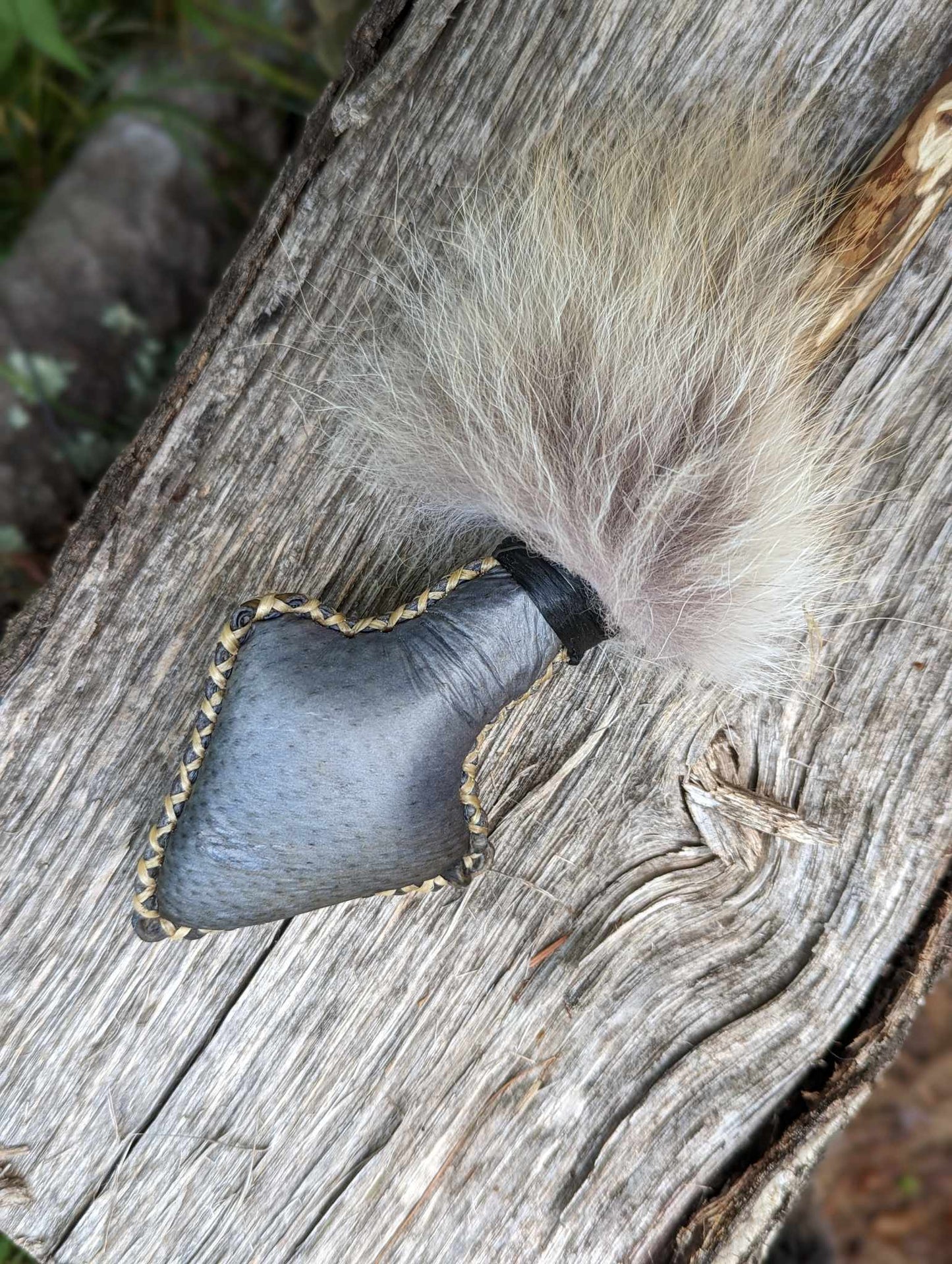 Bear Skin Shaman Rattle with Coyote Fur, Apple Branch, Woven Sinew