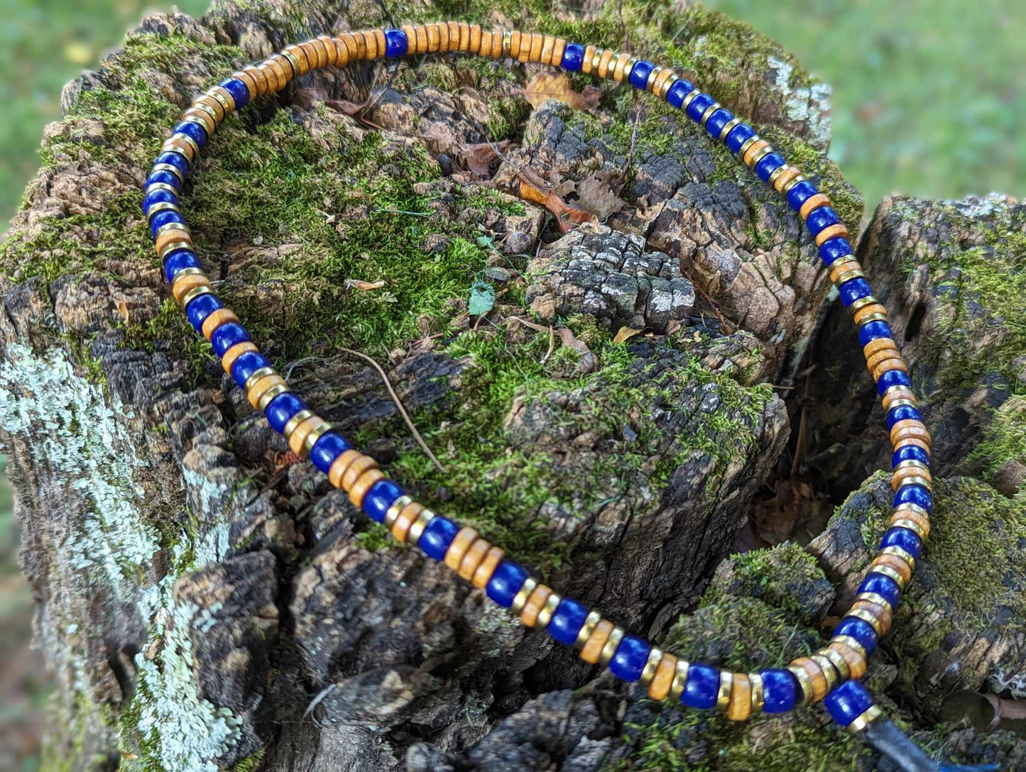 Wood Cobalt Blue Glass and Metal Beaded Peacock Feather Necklace