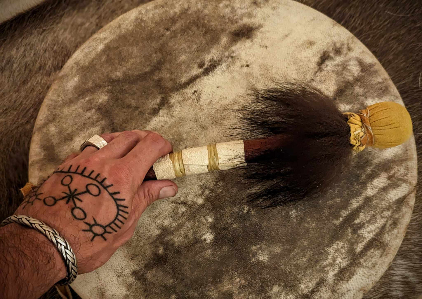 RESERVED - Natural Deep Tone Bear Skin Drum Rare 16" + Alderwood Bear Fur & Leather Beater | Handmade Shaman Drum