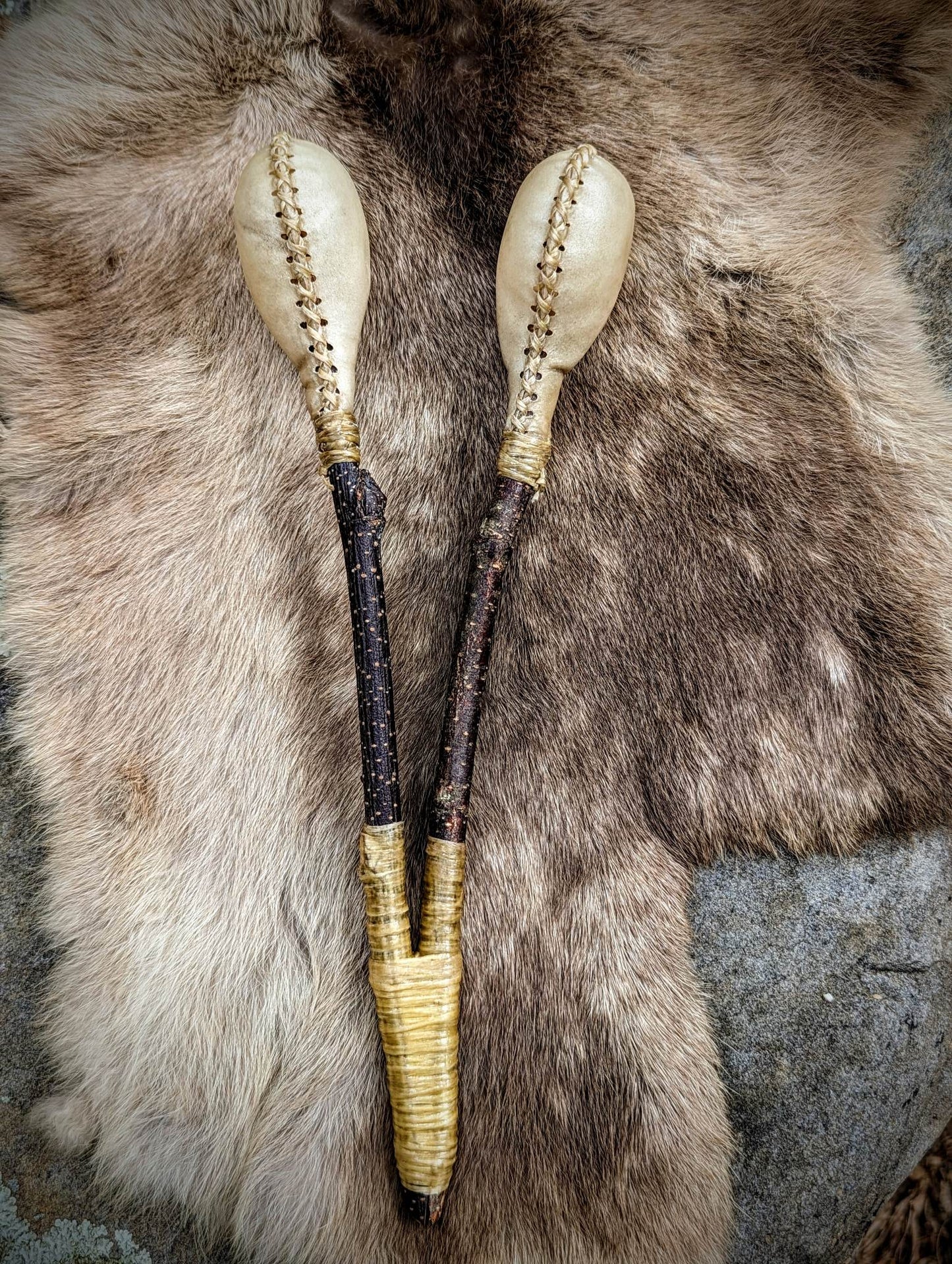 Double Headed Deer Hide Birch Branch Rattle