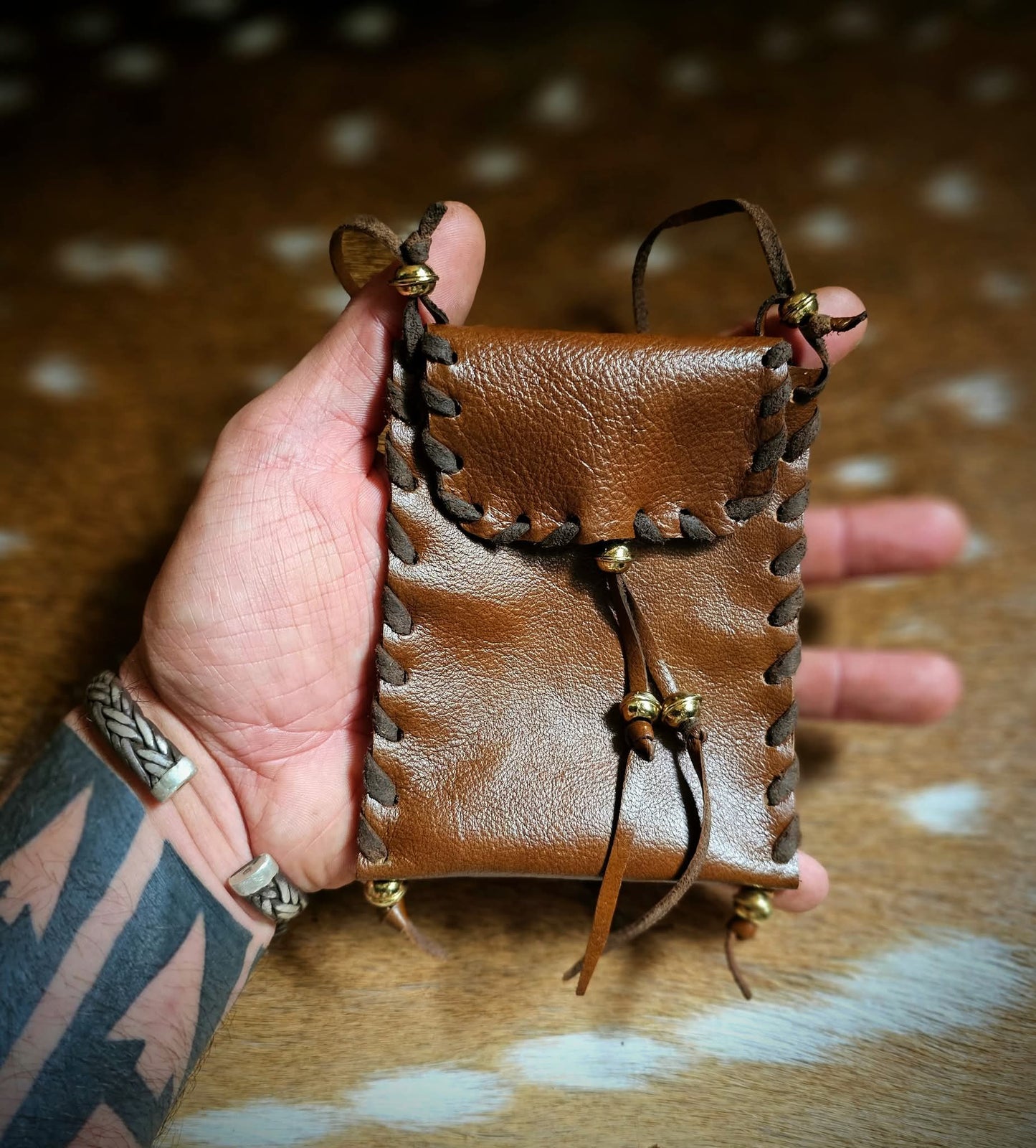 Brown Cowhide Leather Neck Pouch Tobacco Bag With Brass Beads