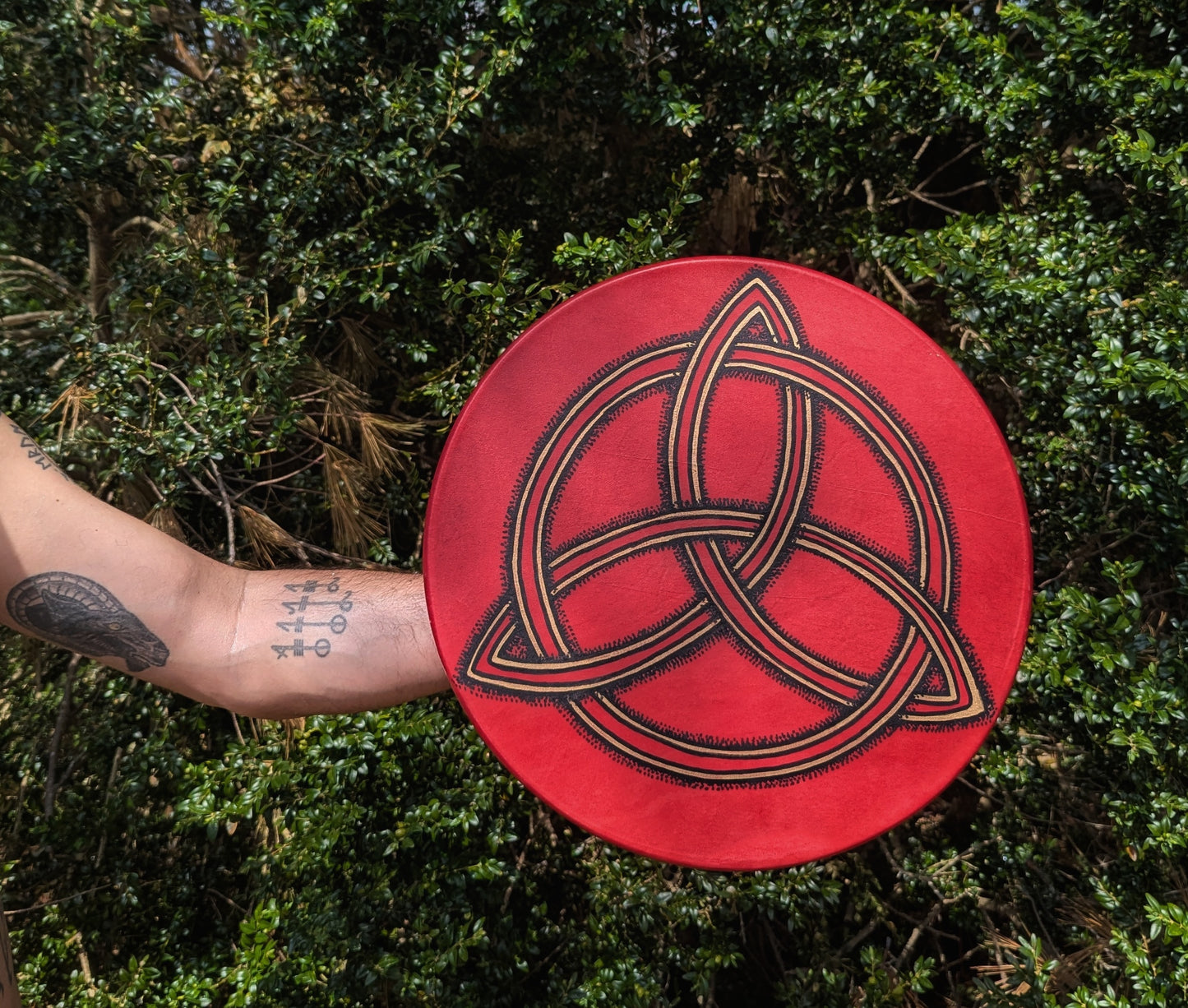 15" Hand Painted Red Deer Hide Triquetra Frame Drum | Rawhide Drum