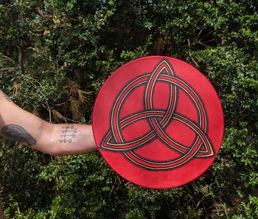 15" Hand Painted Red Deer Hide Triquetra Frame Drum | Rawhide Drum