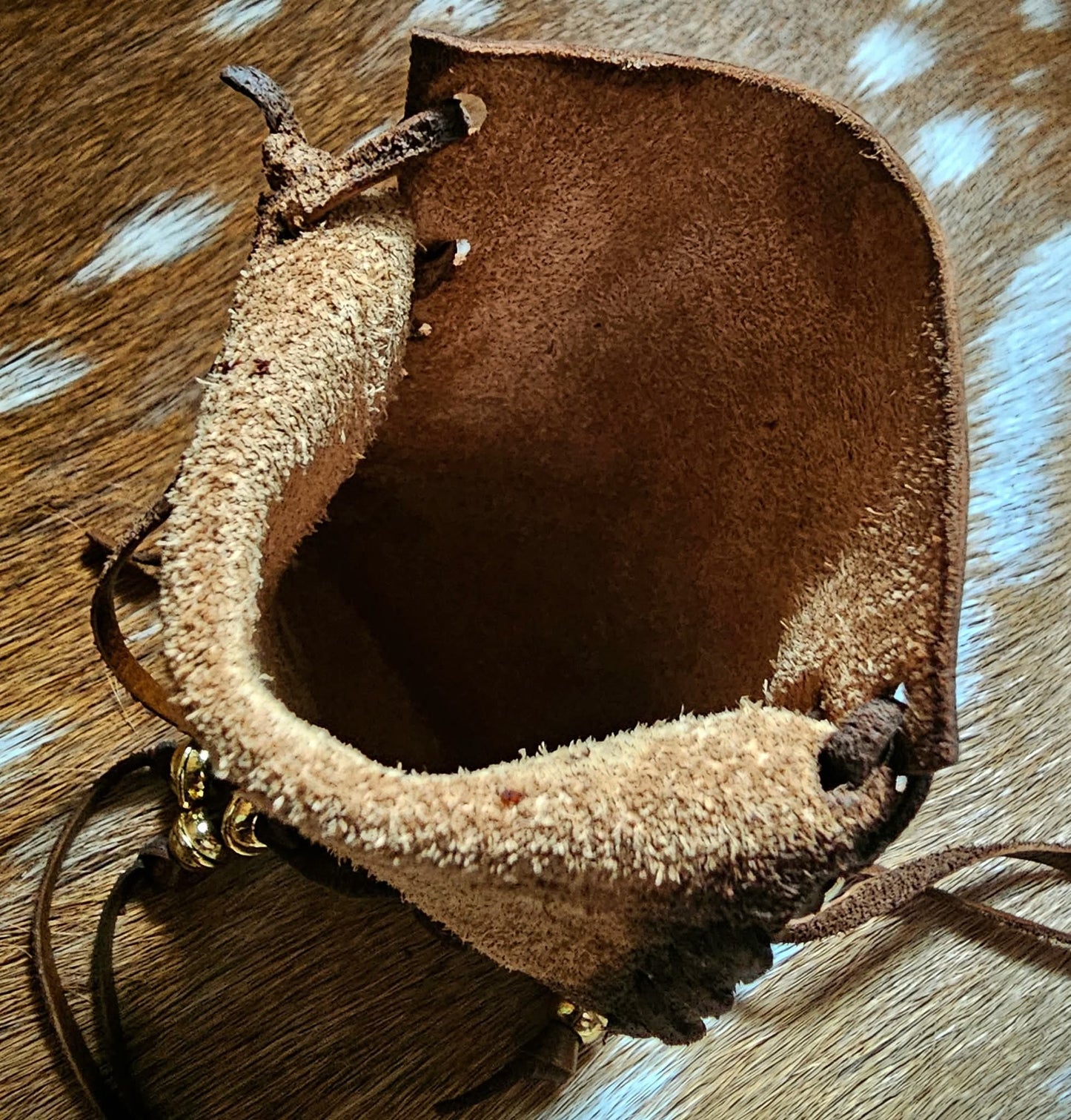Brown Cowhide Leather Neck Pouch Tobacco Bag With Brass Beads