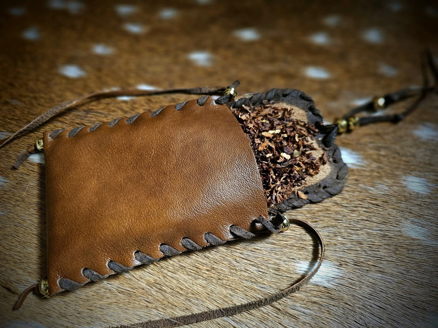 Brown Cowhide Leather Neck Pouch Tobacco Bag With Brass Beads