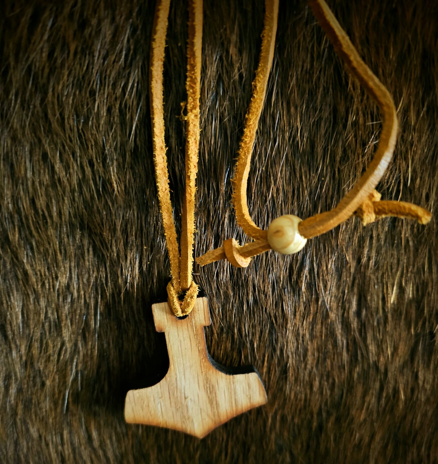 Oak Wood Bear Hide Mjölnir Pendant on Adjustable Leather Cord
