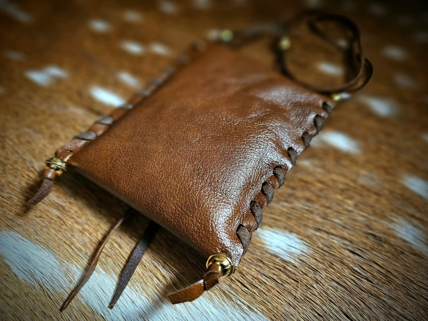 Brown Cowhide Leather Neck Pouch Tobacco Bag With Brass Beads