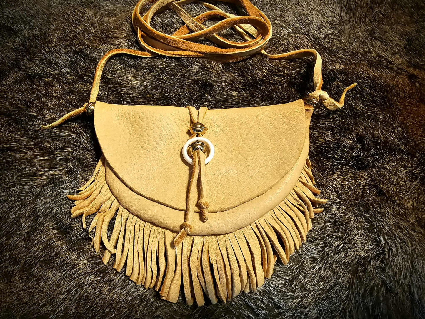 Handmade Buckskin Half Moon Medicine Bag Neck Pouch With Bone