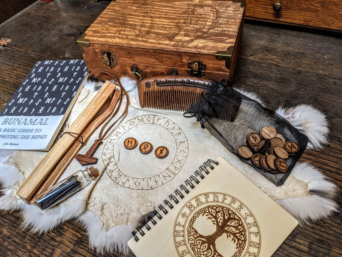 Norse Pagan Asatru Heathen Altar Box Bundle - Runamal | Oak Rune Set | Comb | Notebook | Tjarved | Matches | Mjolnir Pendant |
