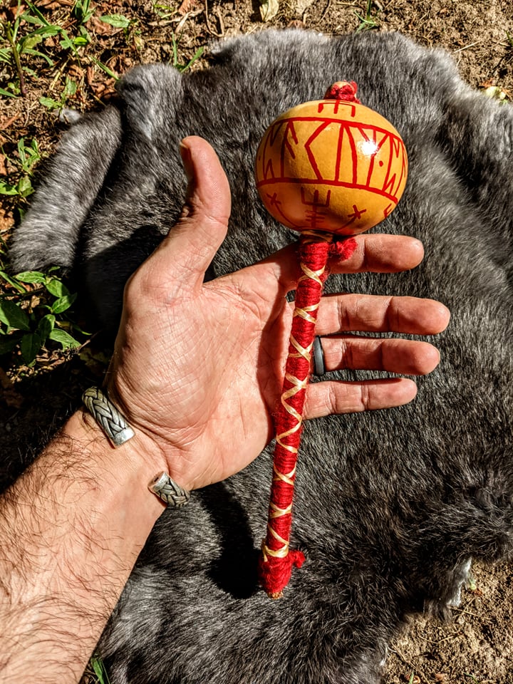 Discovery Meditation Shaman Rattle Runic Hand Painted Gourd Rattle Sinew Wrapping