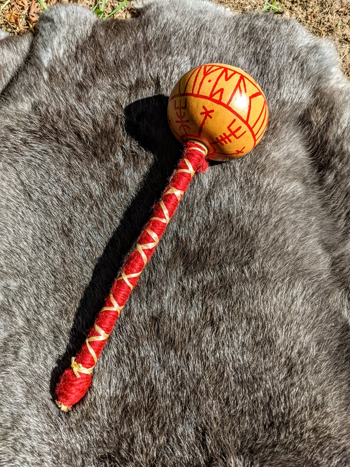 Discovery Meditation Shaman Rattle Runic Hand Painted Gourd Rattle Sinew Wrapping