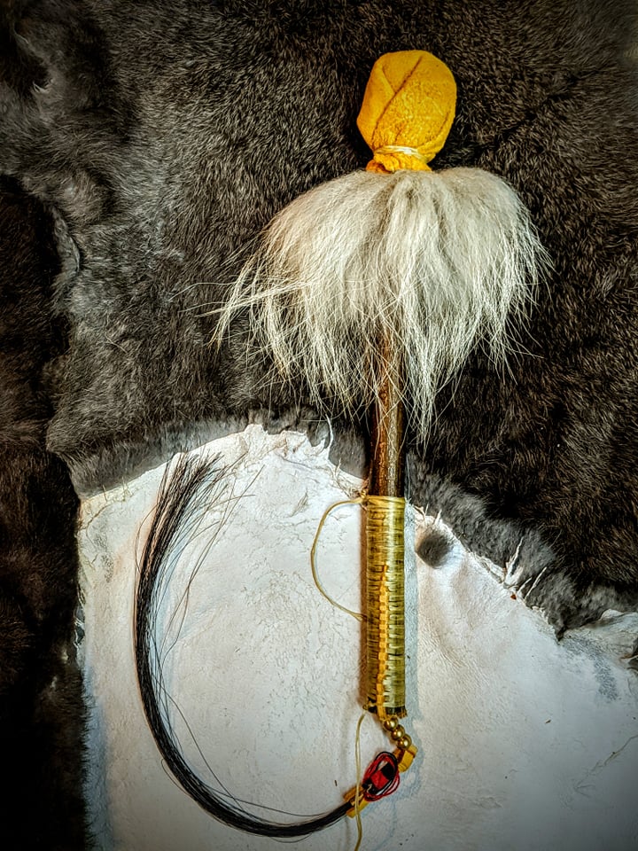 10" Wolf Fur Deer Hide Norse Shaman Drum With Leather Beater + Horse Hair + Brass Beads