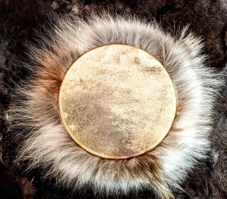 10" Wolf Fur Deer Hide Norse Shaman Drum With Leather Beater + Horse Hair + Brass Beads