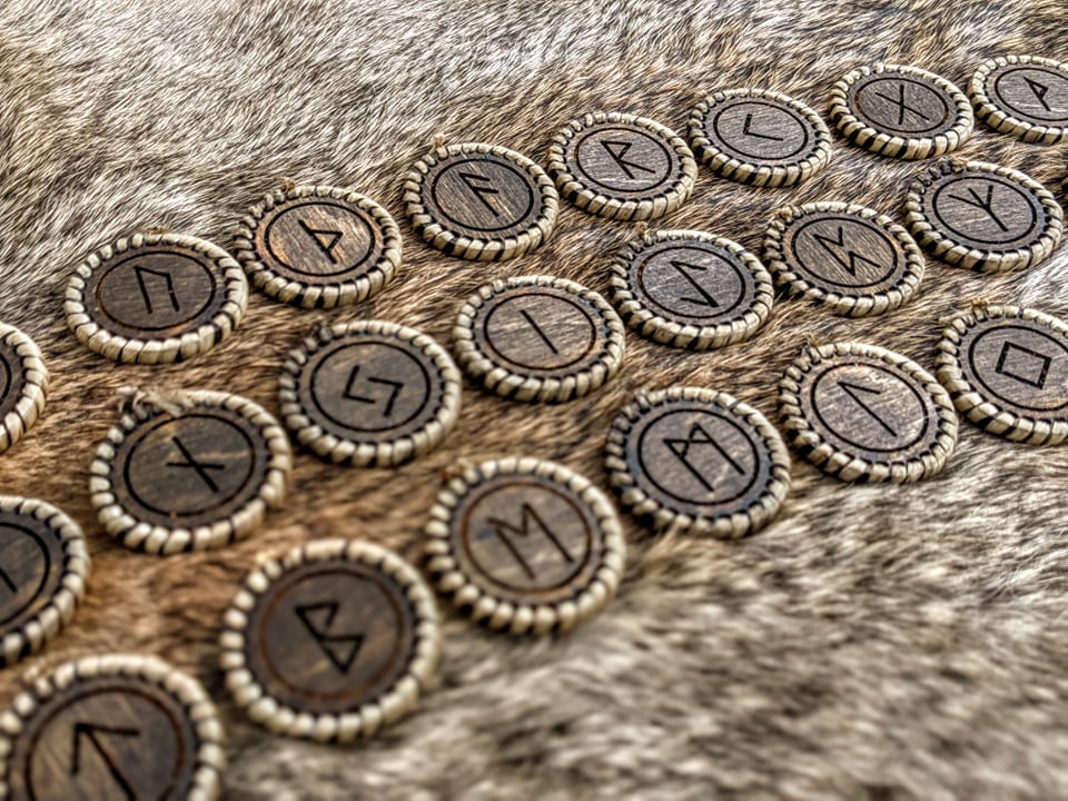 Unique Sinew Wrapped Birch Elder Futhark Rune Set with Web of Wyrd Bison Leather Bag