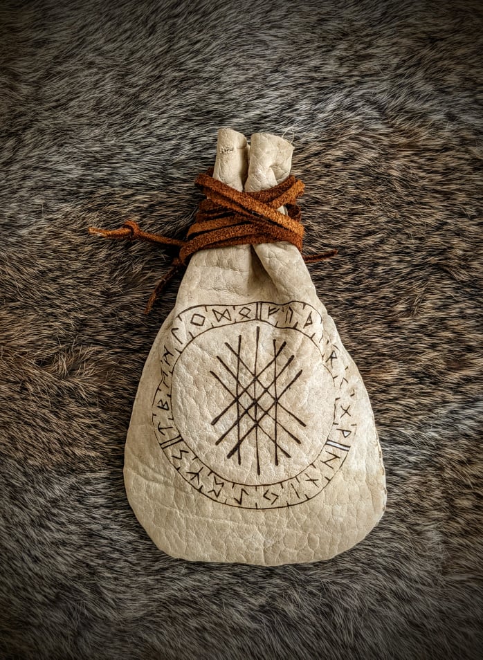 Unique Sinew Wrapped Birch Elder Futhark Rune Set with Web of Wyrd Bison Leather Bag