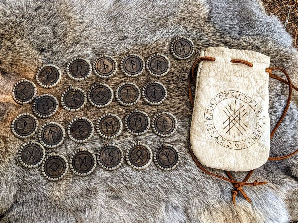 Unique Sinew Wrapped Birch Elder Futhark Rune Set with Web of Wyrd Bison Leather Bag