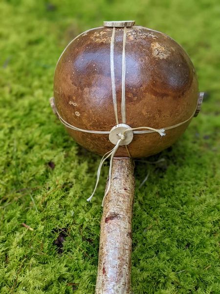 Natural Shamanic Ritual Rattle Deer Antler Gourd Sinew Birch Branch