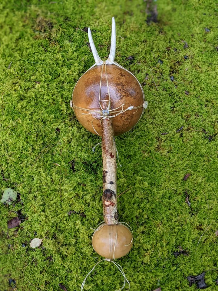 Natural Shamanic Ritual Rattle Deer Antler Gourd Sinew Birch Branch
