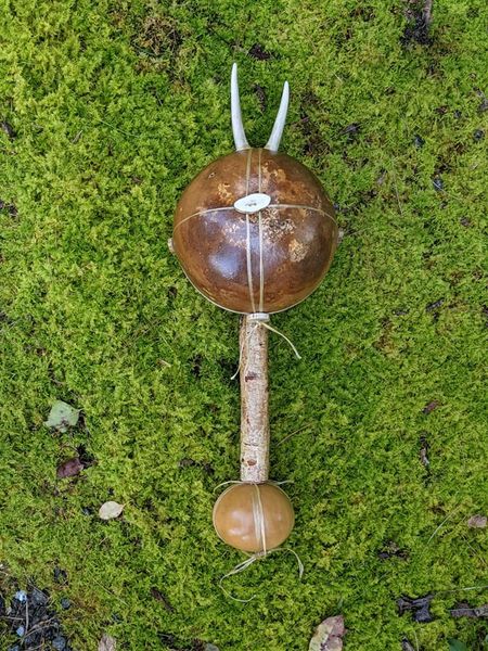 Natural Shamanic Ritual Rattle Deer Antler Gourd Sinew Birch Branch