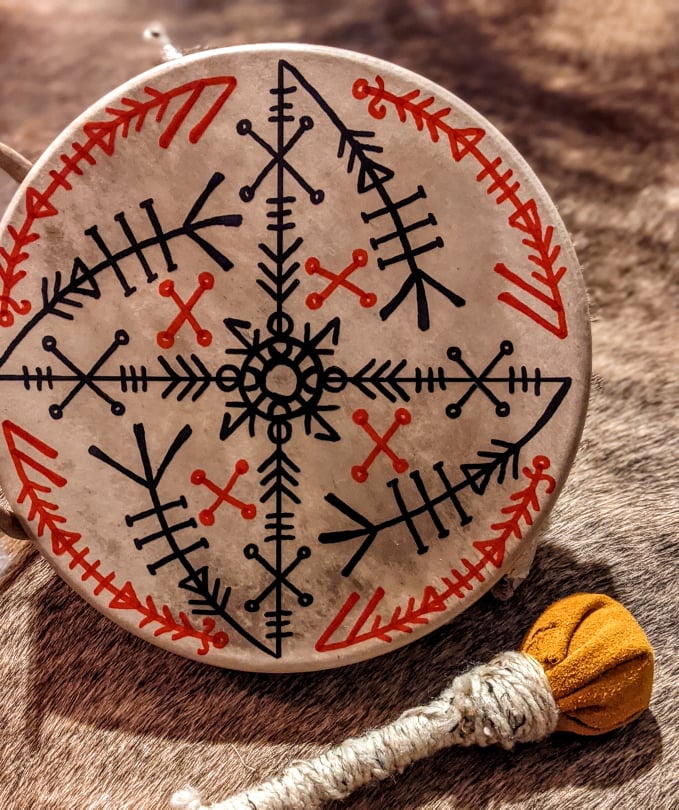 10" Deer Vardlokkr Hide Drum with Beater | Hand Painted Shaman Drum