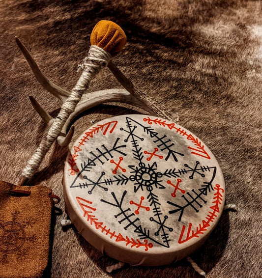 10" Deer Vardlokkr Hide Drum with Beater | Hand Painted Shaman Drum