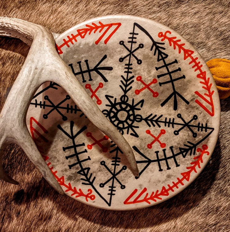 10" Deer Vardlokkr Hide Drum with Beater | Hand Painted Shaman Drum