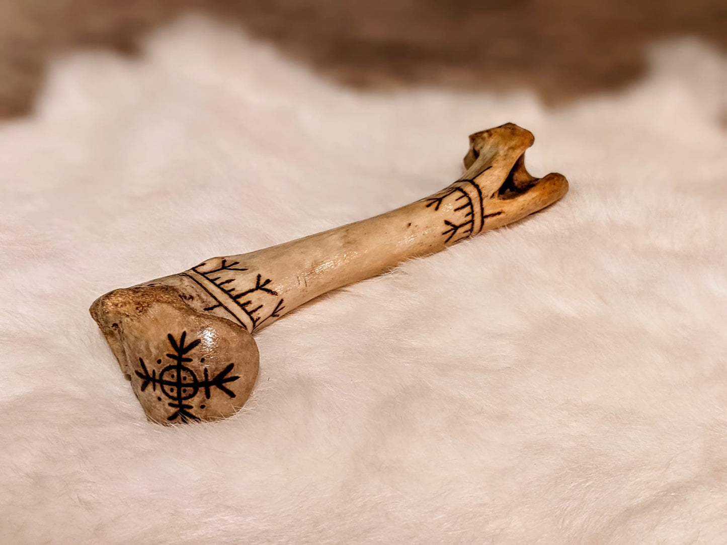 Deer Humerus Bone Rattle | Glass Bead Filled Bone | Burned With Algiz & Protection Circle Stave