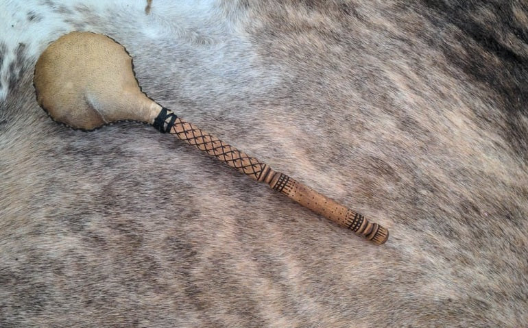Bear Hide Shaman Rattle | Burned Design Handle | Hand Sewn | Black Sinew Stitching
