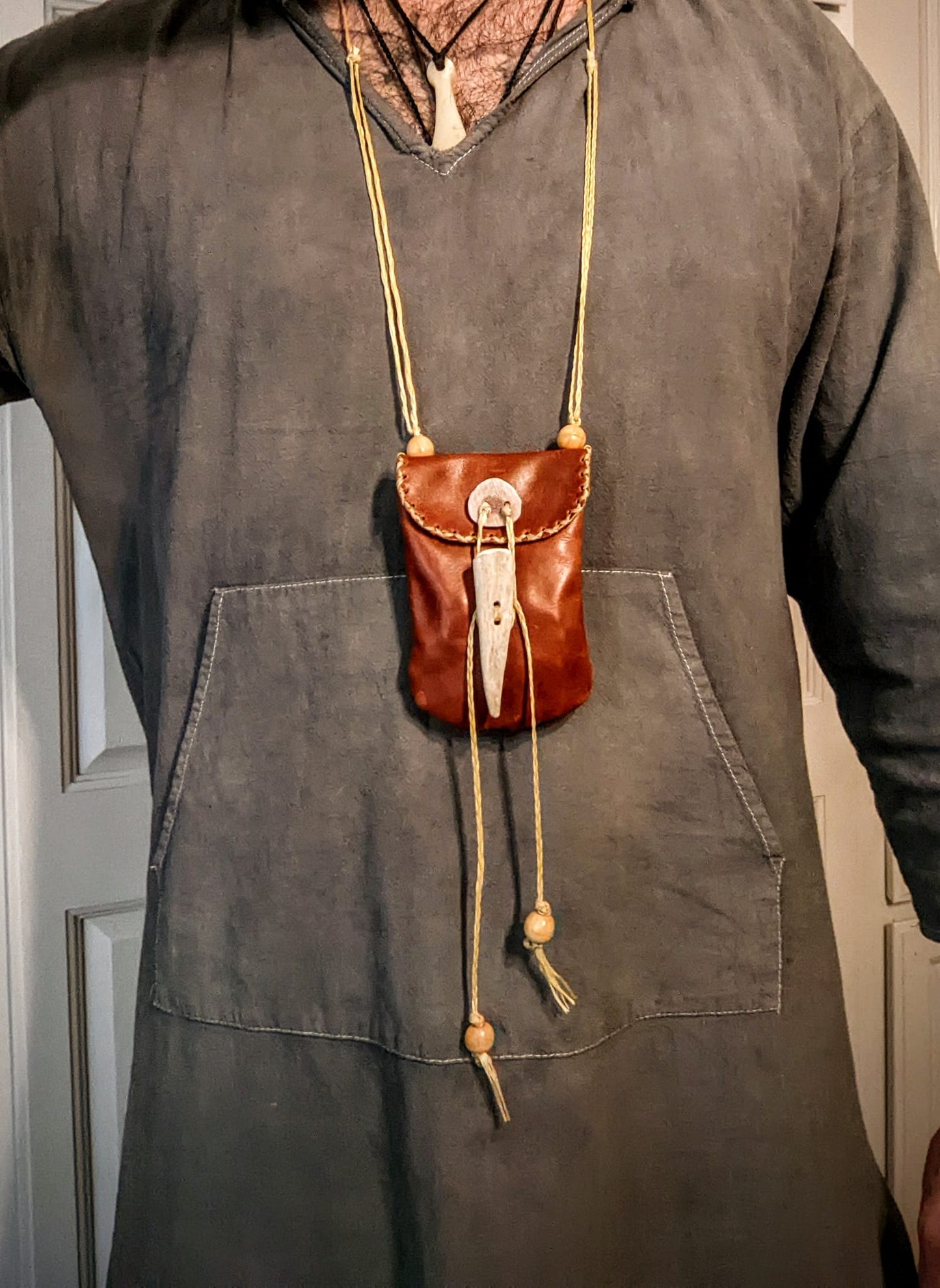 Wearable Hand Sewn Leather Rune or Medicine Bag | Antler Button